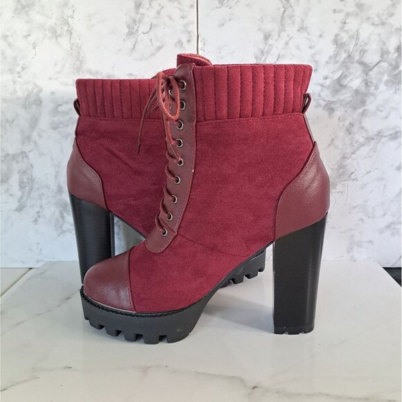 Women’s Moda Burgundy Lace-Up Chunky Block Heel Ankle Booties - Picture 7 of 11